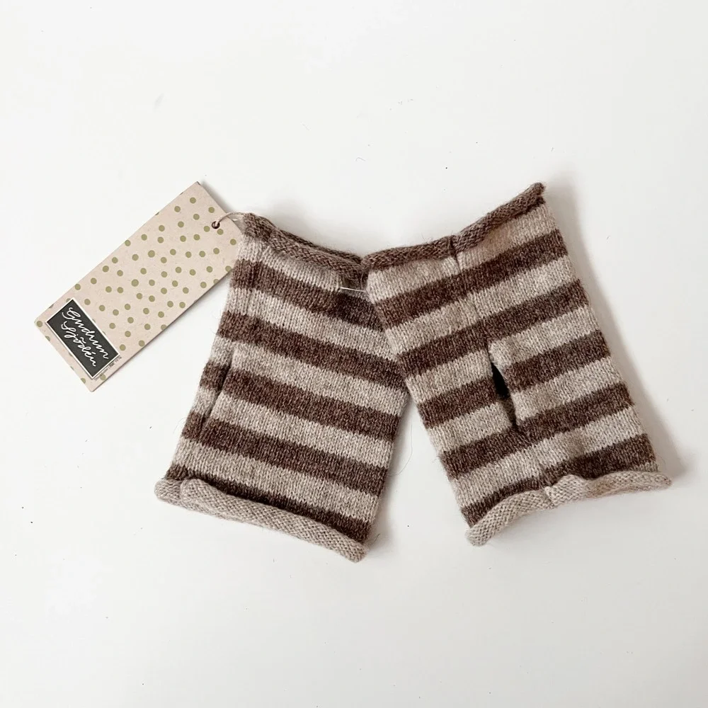 Gudrun Sjoden Fingerless Mittens One Size Brown Tan Striped Knit Wool Gloves NWT